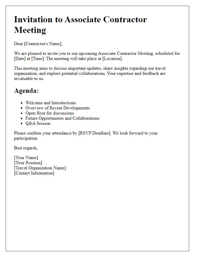 Letter template of travel organization for associate contractor meeting