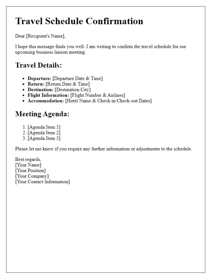 Letter template of travel schedule setup for business liaison