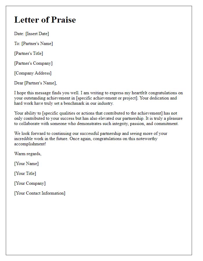 Letter template of praise for a business partner's outstanding achievement.