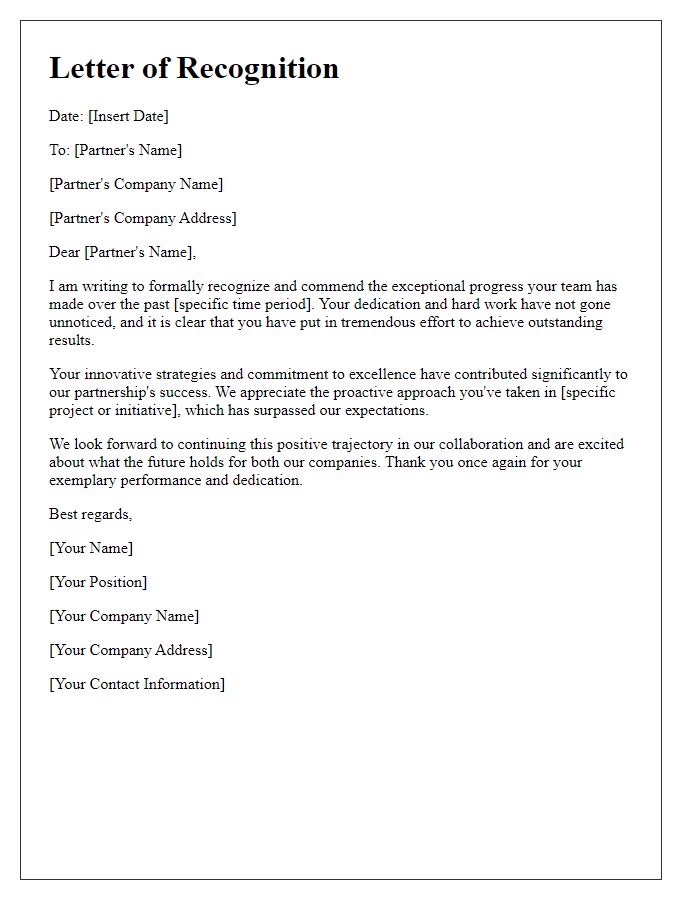 Letter template of recognition for your business partner's exceptional progress.