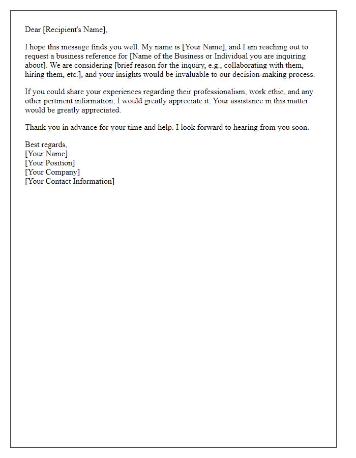 Letter template of inquiry for a business reference