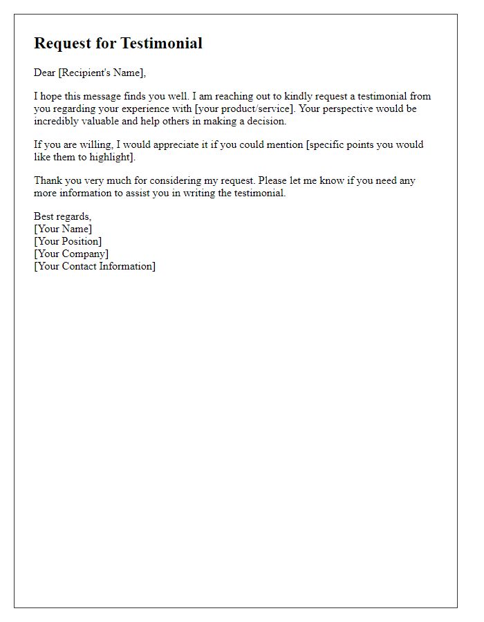 Letter template of request for a testimonial