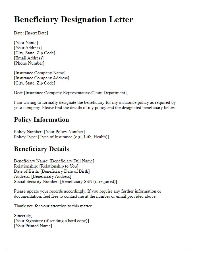 Letter template of insurance beneficiary designation