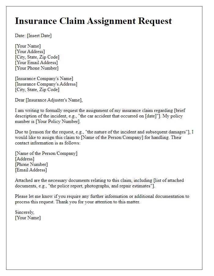 Letter template of insurance claim assignment request