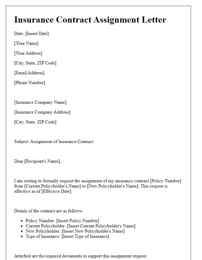 Letter template of insurance contract assignment