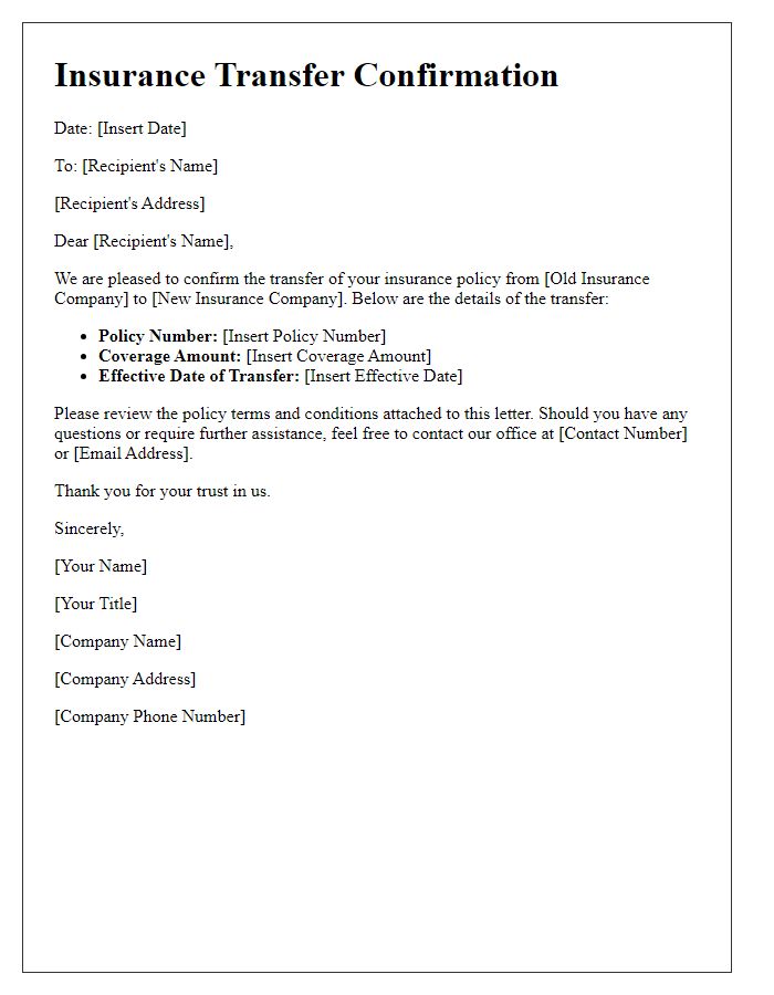 Letter template of insurance transfer confirmation