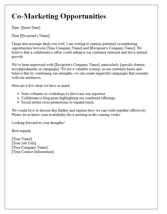 Letter template of co-marketing opportunities for customer outreach.