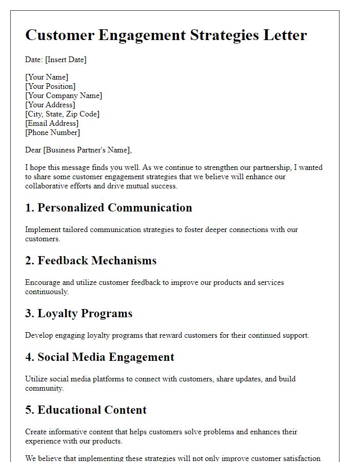 Letter template of customer engagement strategies for business partners.