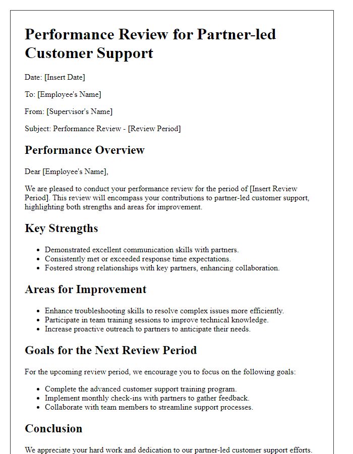 Letter template of performance review for partner-led customer support.