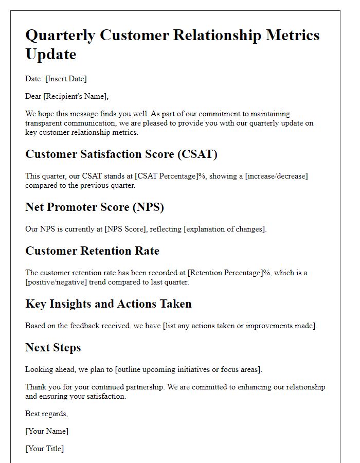 Letter template of quarterly updates on customer relationship metrics.