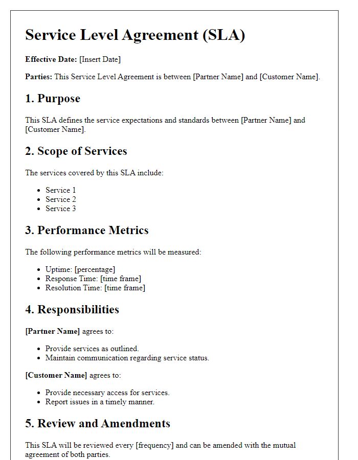 Letter template of service level agreements for partner-customer communication.