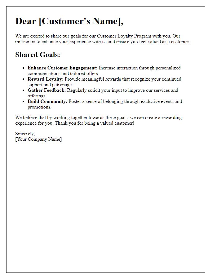 Letter template of shared goals for customer loyalty programs.