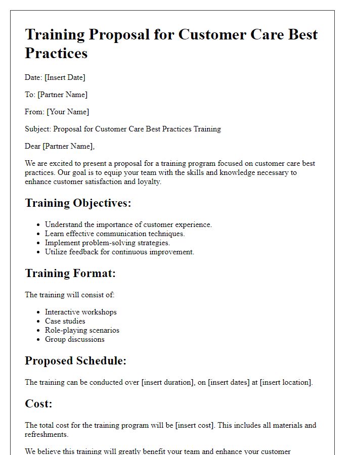 Letter template of training proposals for partners on customer care best practices.