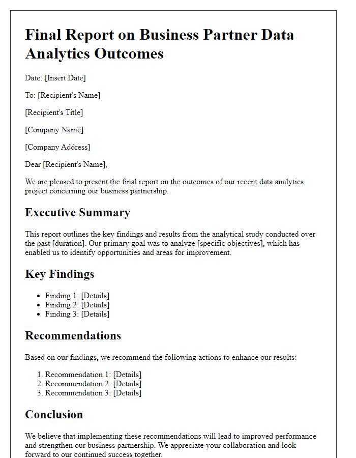 Letter template of final report on business partner data analytics outcomes