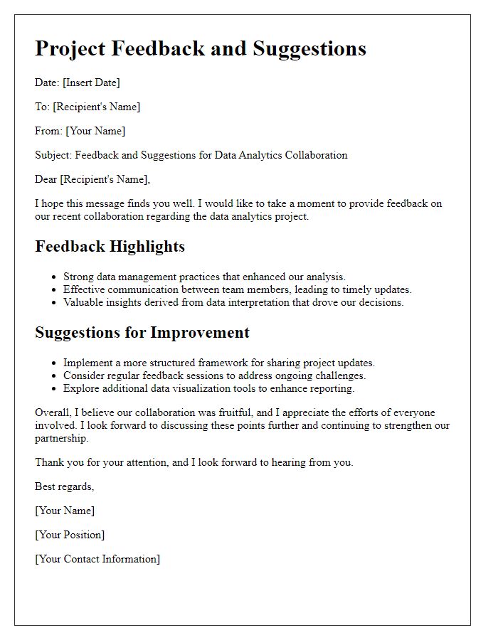 Letter template of project feedback and suggestions for data analytics collaboration