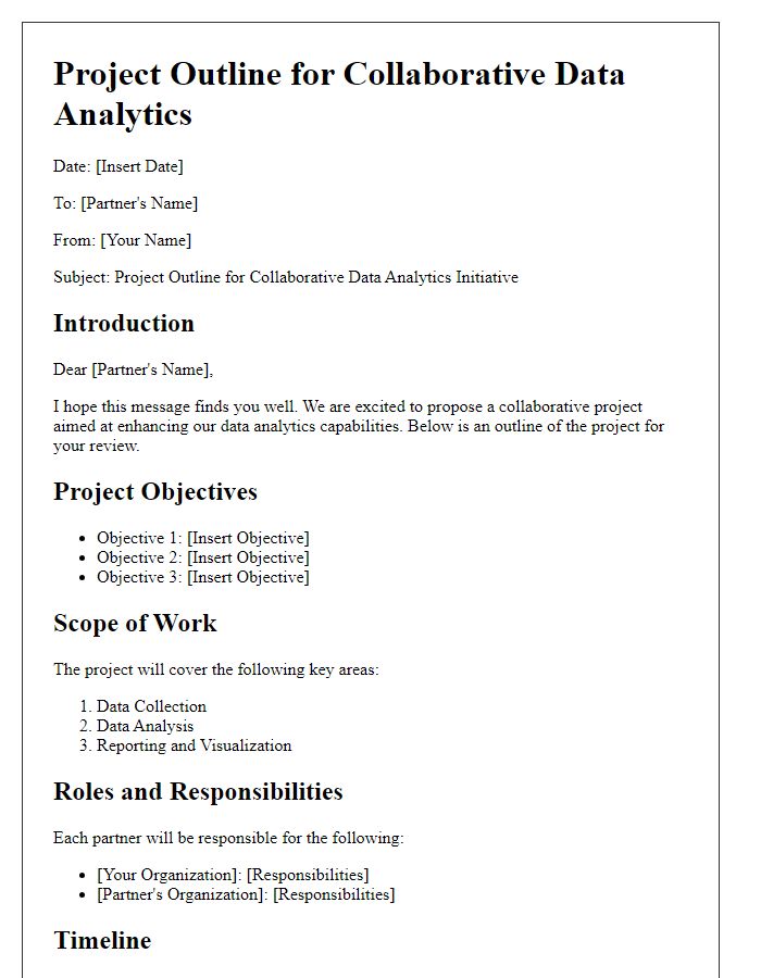 Letter template of project outline for collaborative data analytics with partners