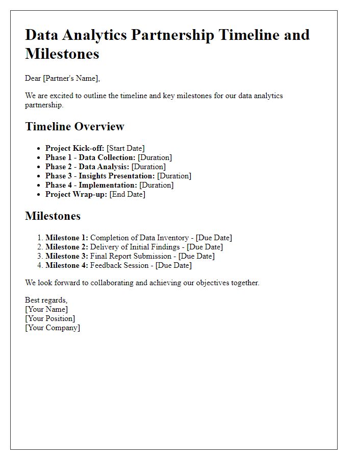 Letter template of timeline and milestones for data analytics partnership