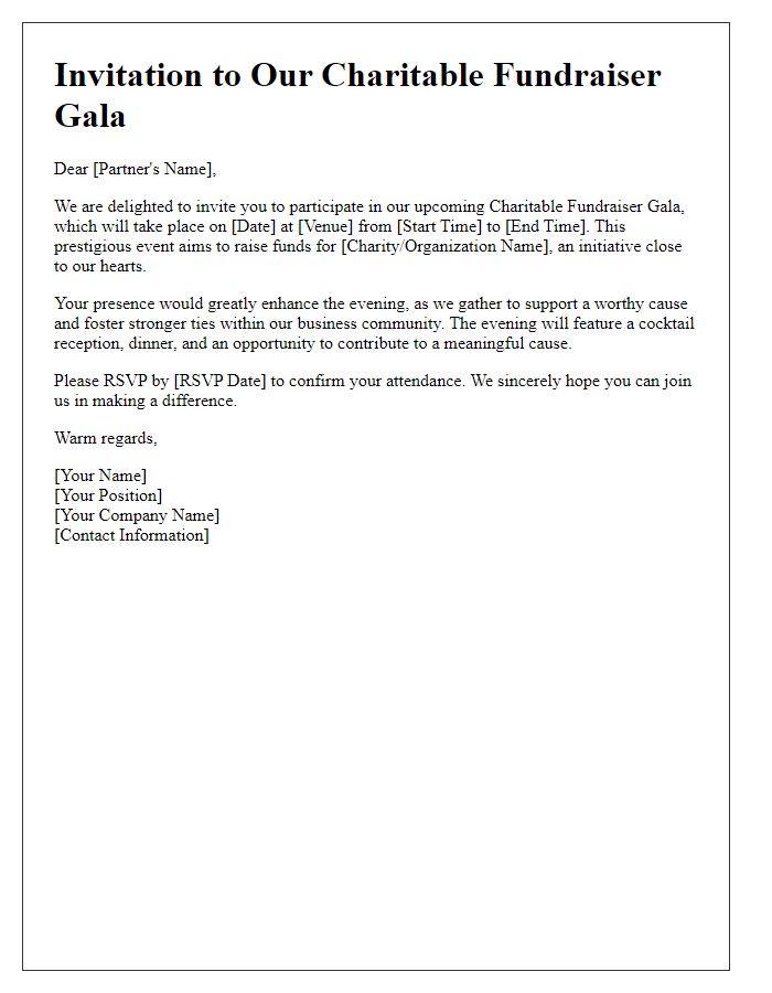 Letter template of cordial invitation to business partner for charitable fundraiser gala.