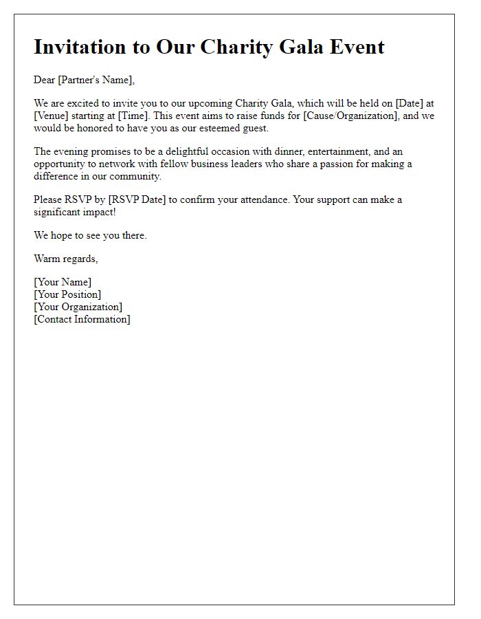 Letter template of invitation to business partner for charity gala event.