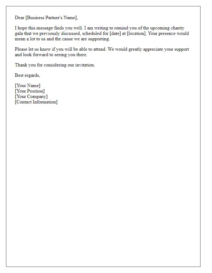 Letter template of reminder for business partner about the charity gala invitation.