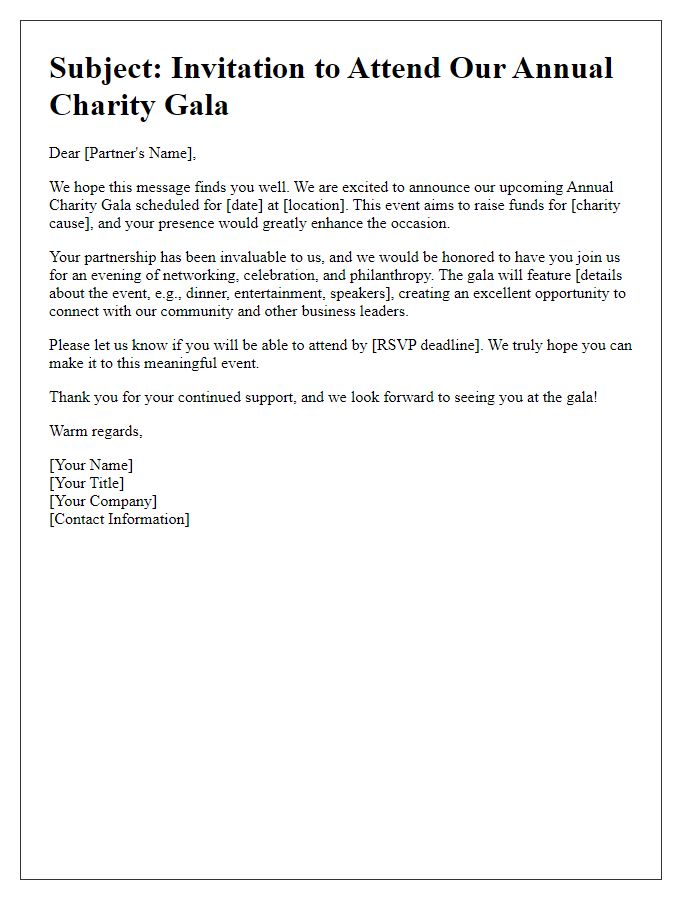 Letter template of request for business partner attendance at charity gala.