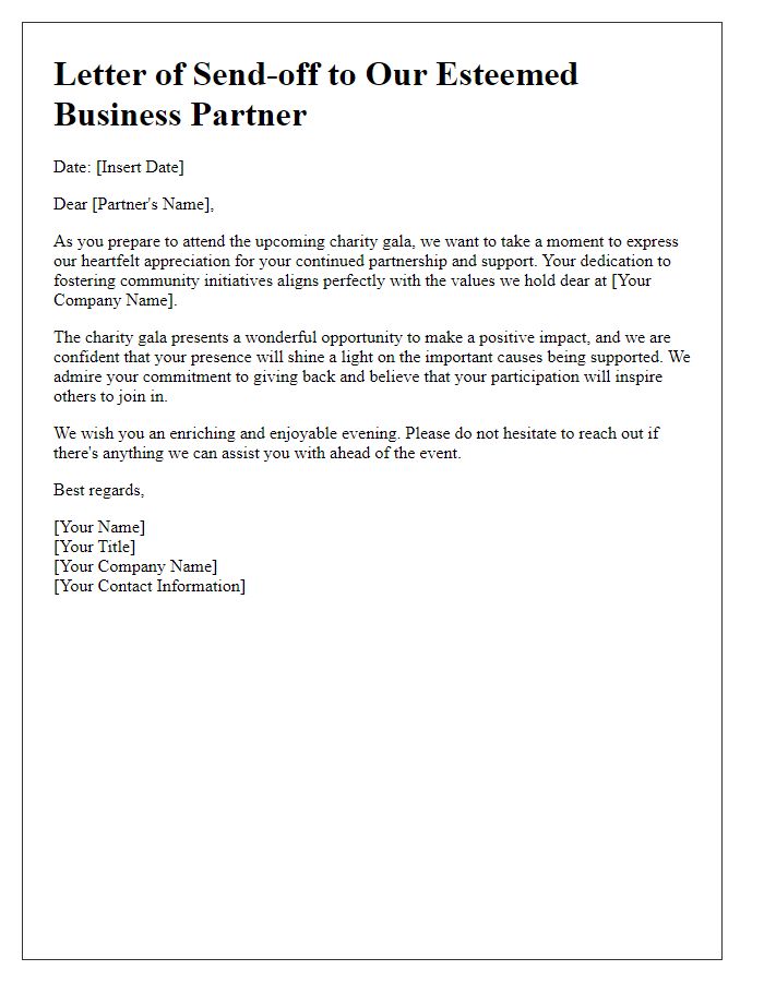 Letter template of send-off to business partner for attendance at charity gala.