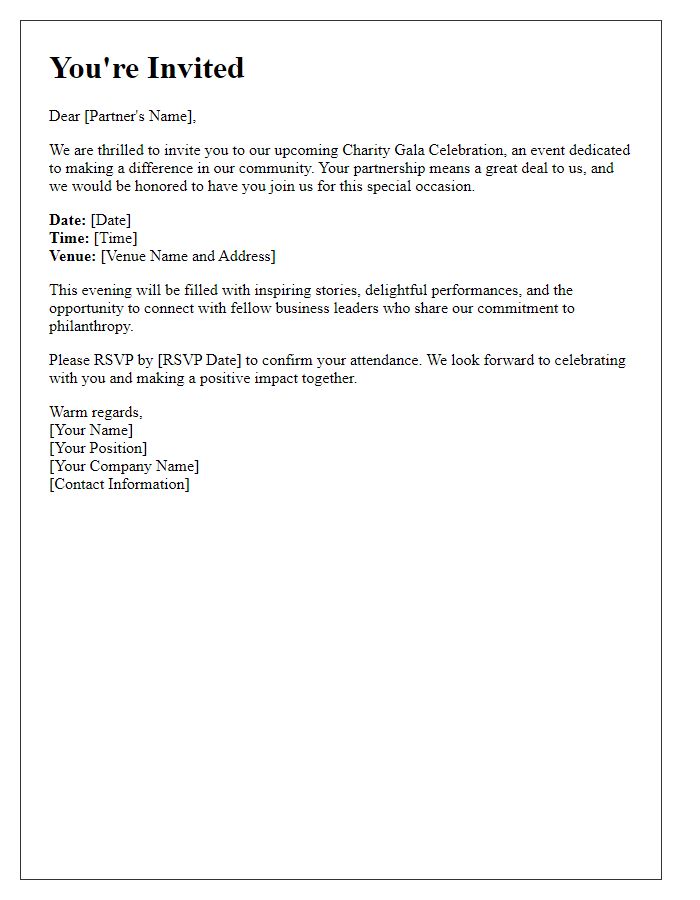 Letter template of special invitation for business partner to charity gala celebration.