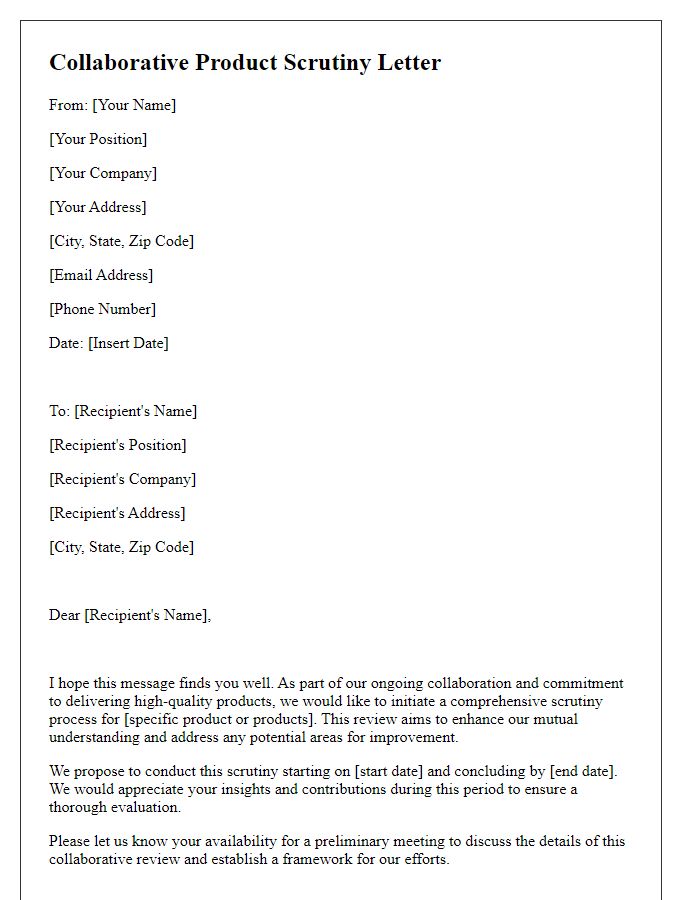 Letter template of collaborative product scrutiny for business relationships.