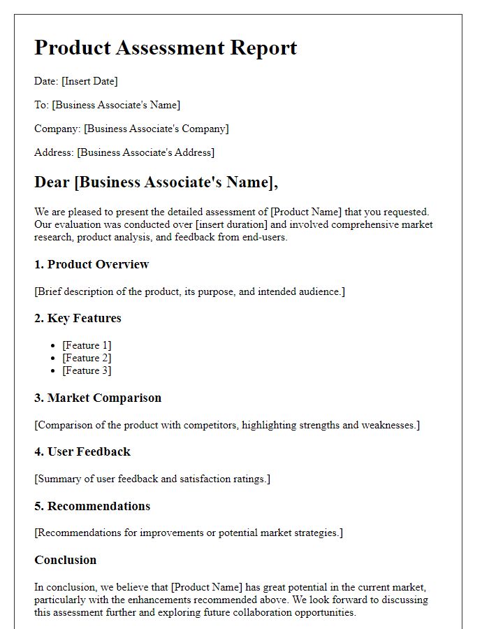 Letter template of detailed product assessment for business associates.