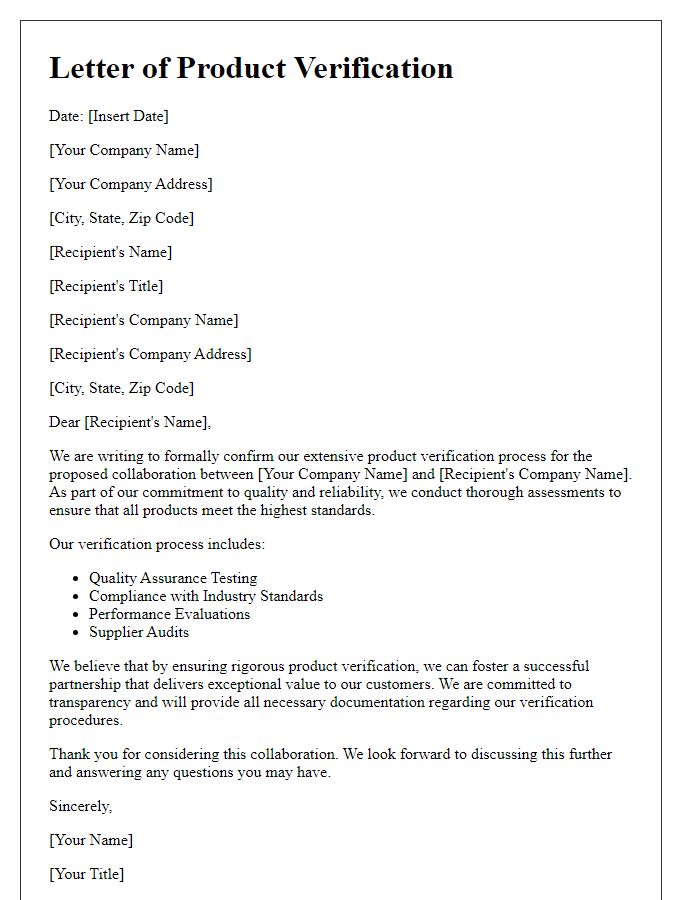 Letter template of extensive product verification for business collaborations.