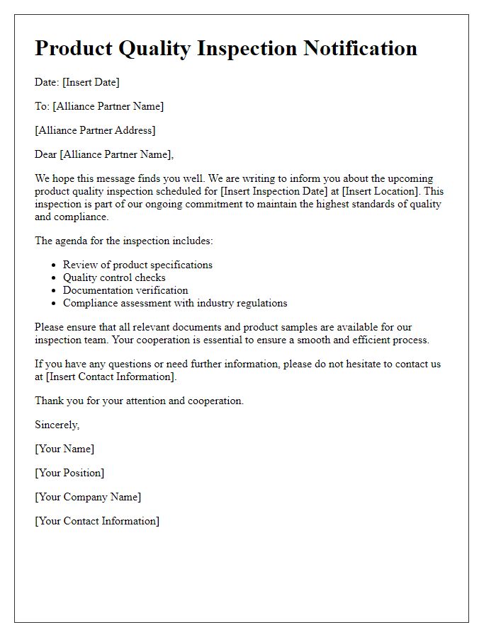 Letter template of product quality inspection for alliance partners.