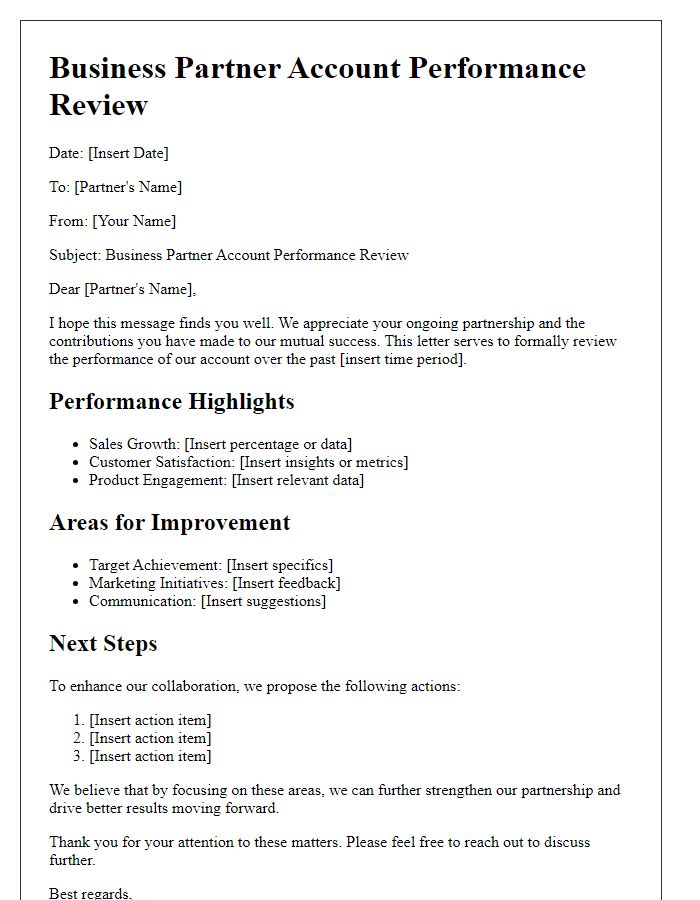 Letter template of business partner account performance review