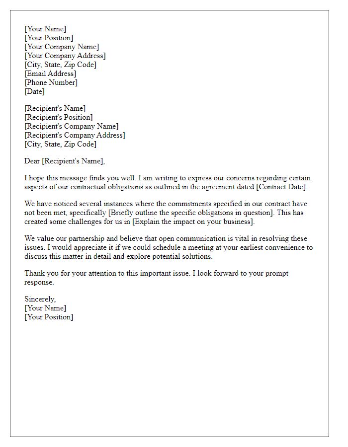 Letter template of concern over contractual obligations with a business partner.