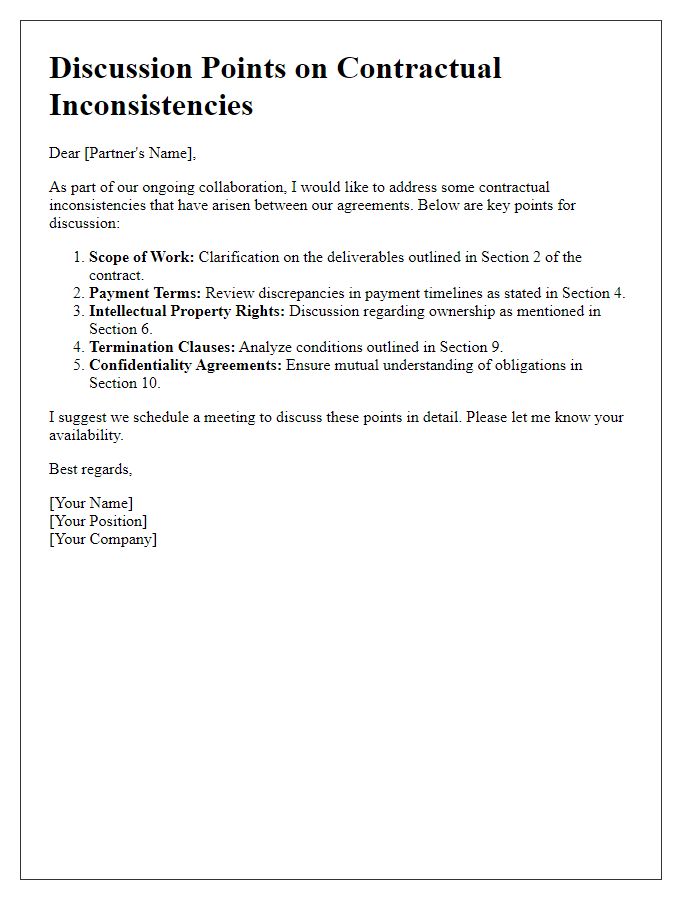 Letter template of discussion points on contractual inconsistencies with a business partner.