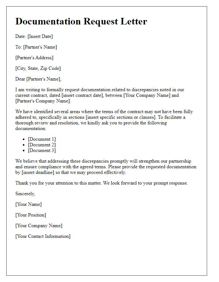 Letter template of documentation request related to contract discrepancies with a partner.