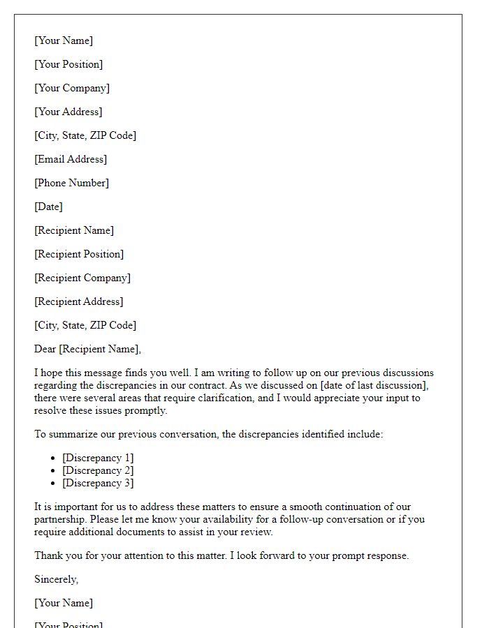 Letter template of follow-up regarding previous discussions on contract discrepancies.