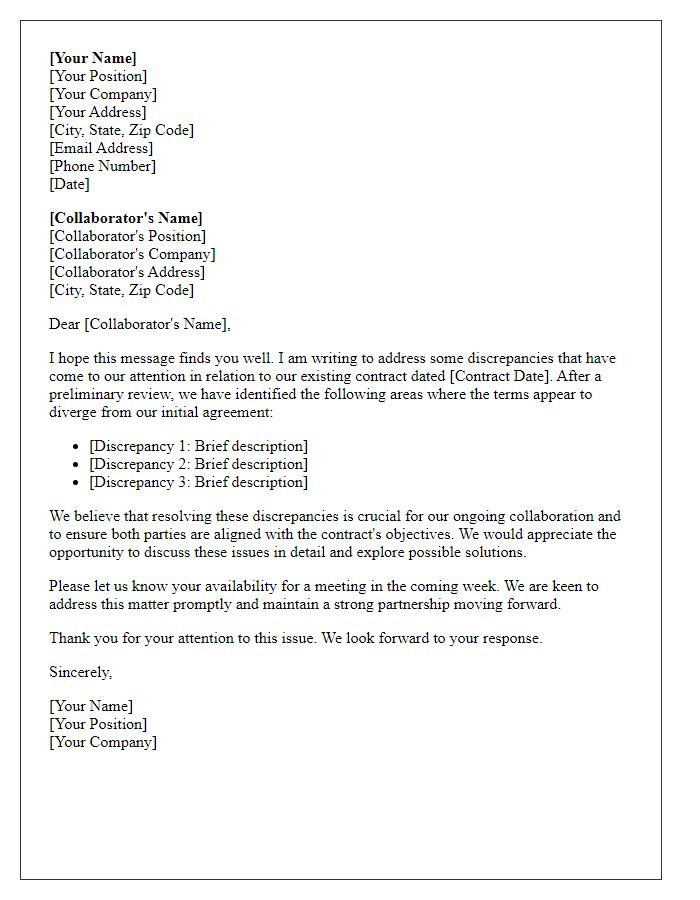 Letter template of preliminary assessment of contract discrepancies with a business collaborator.