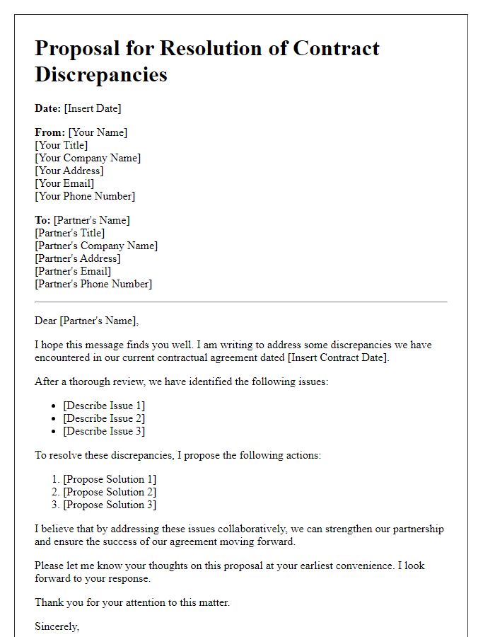 Letter template of proposal for resolution of contract discrepancies between partners.