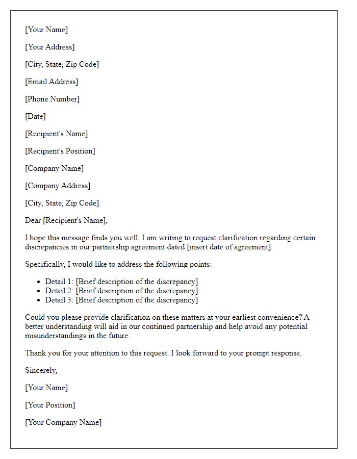 Letter template of request for clarification on partnership agreement discrepancies.