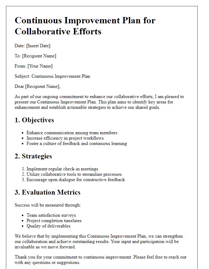 Letter template of Continuous Improvement Plan for Collaborative Efforts