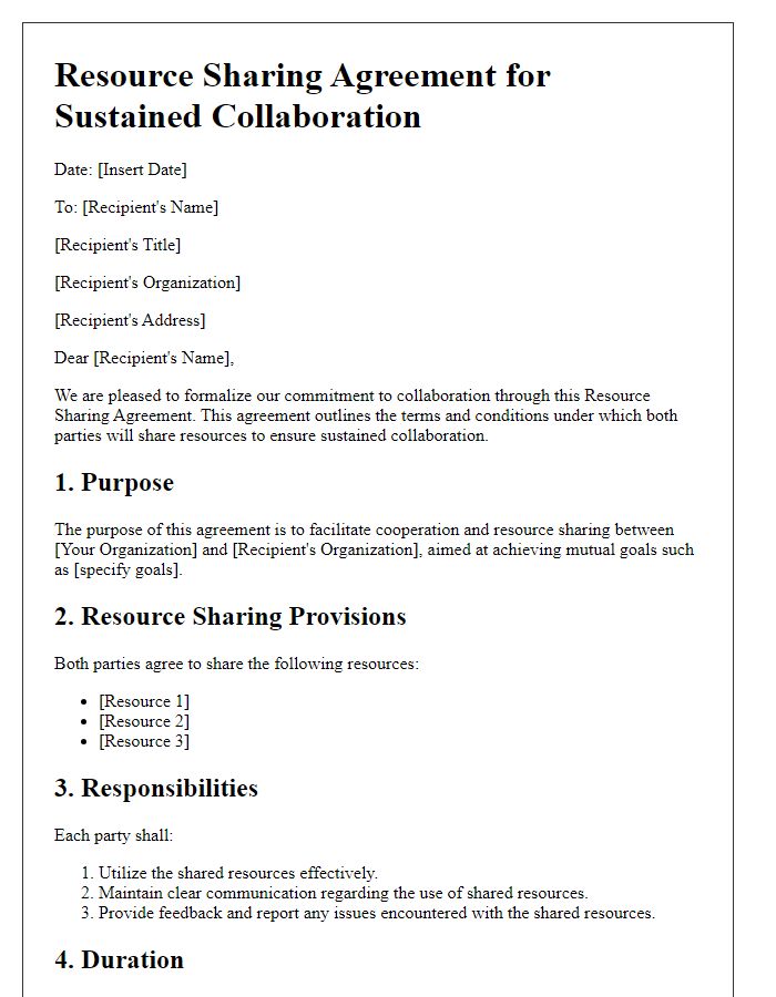 Letter template of Resource Sharing Agreement for Sustained Collaboration