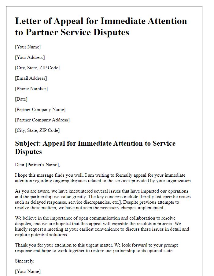 Letter template of appeal for immediate attention to partner service disputes