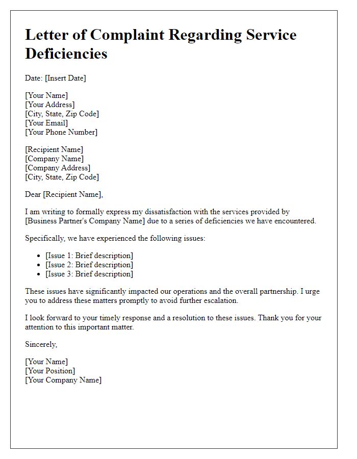 Letter template of complaint regarding business partner service deficiencies