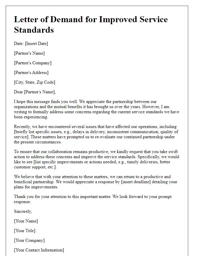 Letter template of demand for improved service standards from partner