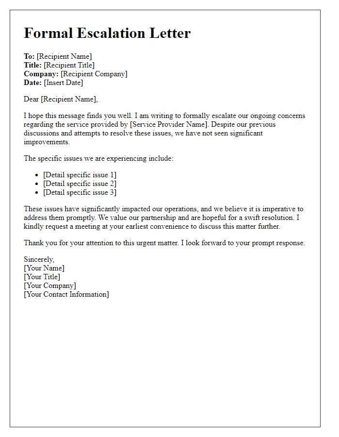 Letter template of formal escalation for business partner service concerns