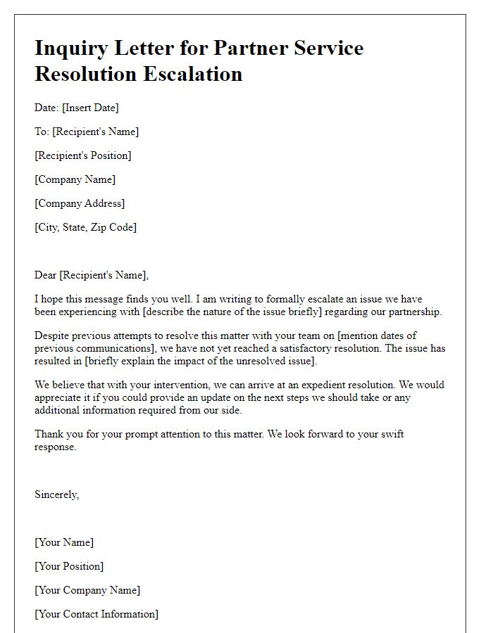 Letter template of inquiry for partner service resolution escalation