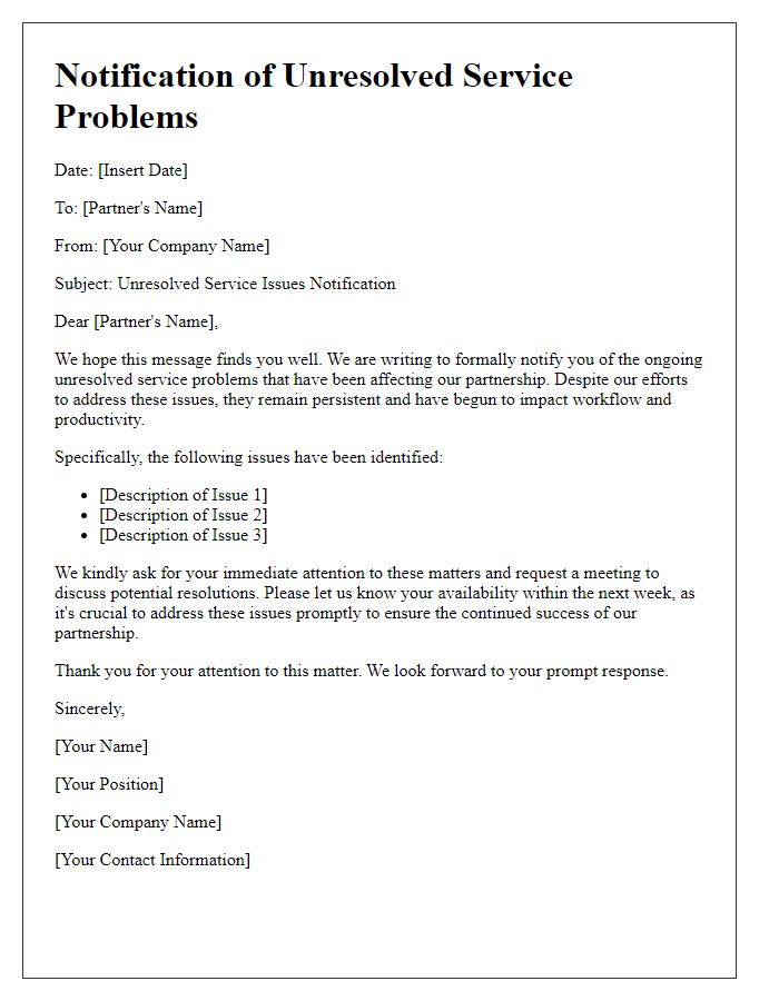Letter template of notification regarding unresolved partner service problems