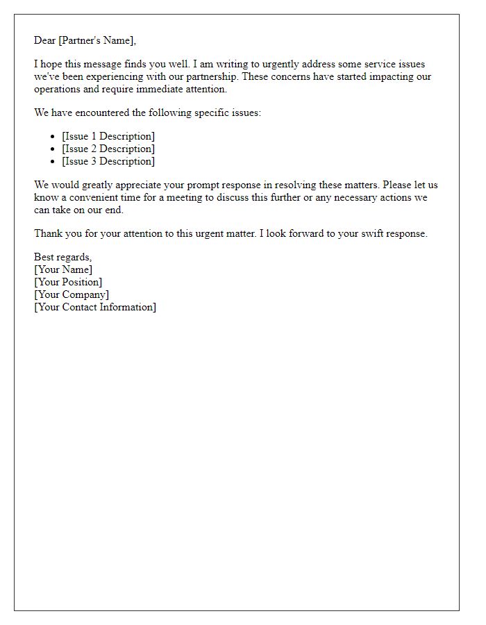 Letter template of urgent request for addressing partner service issues