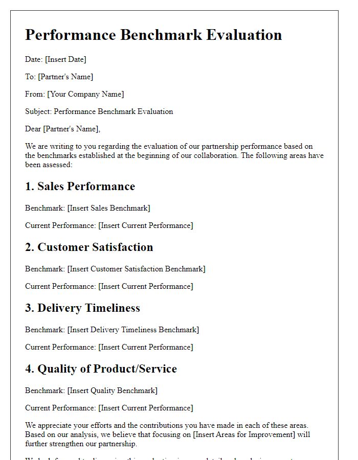 Letter template of performance benchmarks for partner evaluation