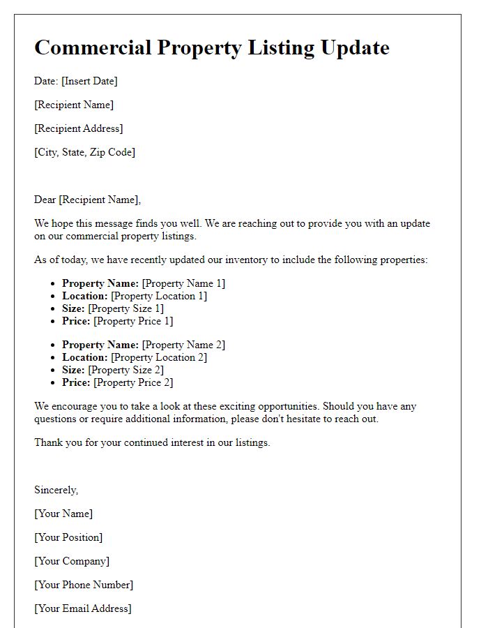 Letter template of commercial property listing update